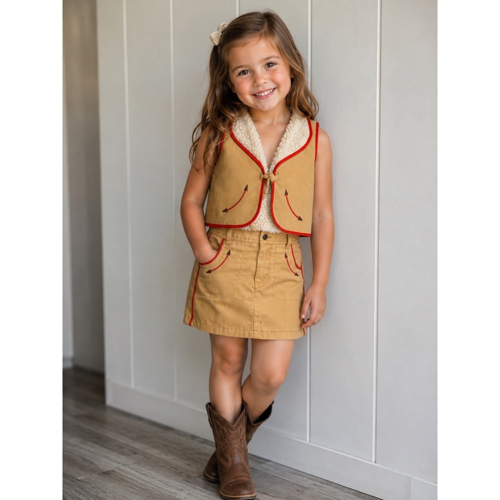 Vintage Carters Girls Western Corduroy Sherpa Vest and Skirt Set Tan Red Size 5